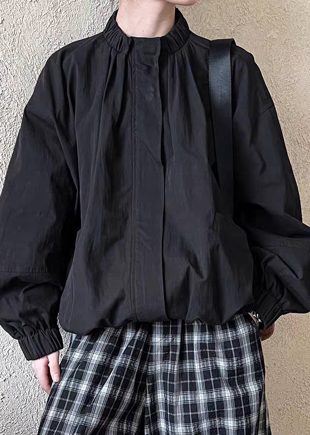 Black Zippered Patchwork Solid Jacket Spring - Image 2