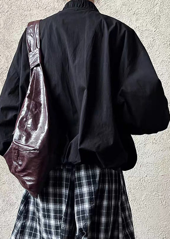 Black Zippered Patchwork Solid Jacket Spring - Image 4