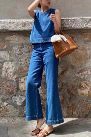 Boutique Denim Blue Patchwork Top And Wide Leg Pants Two Piece Set Sleeveless