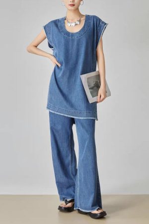 Casual Blue O-Neck Patchwork Denim T Shirt Dress And Jeans Two Piece Set Summer
