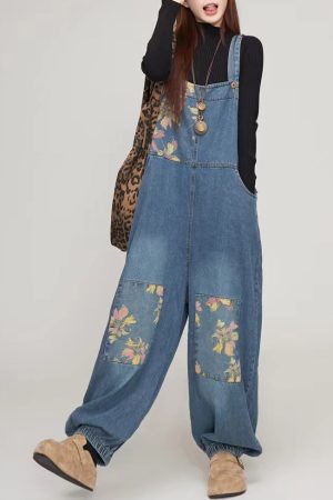 Casual Blue Print Pockets Patchwork Denim Jumpsuit Summer