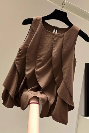 Chic Brown O-Neck Ruffled Patchwork T Shirts Summer