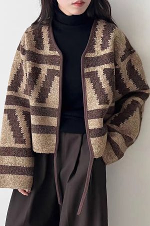 Coffee Cotton Knit Cardigan V Neck Long Sleeve