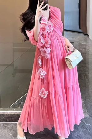 Cute Pink V Neck Floral Silk Vacation Long Dresses Short Sleeve