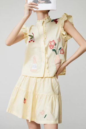 Cute Yellow Embroidered Top And Skirts Two Pieces Set Sleeveless