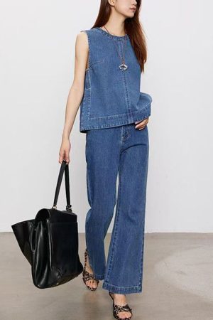 Fashion Blue Patchwork Denim Top And Jeans Two Pieces Set Sleeveless