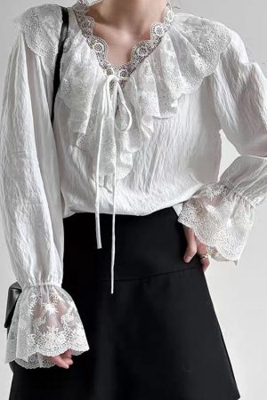 Fine White V Neck Lace Patchwork Shirts Flare Sleeve