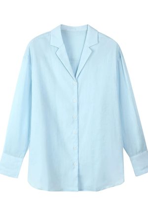 Fitted Blue Notche Button Solid Shirt Spring