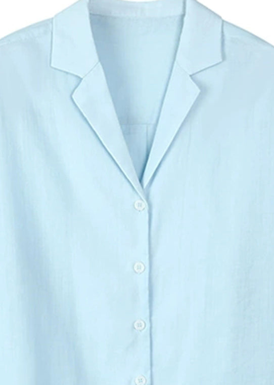 Fitted Blue Notche Button Solid Shirt Spring - Image 3