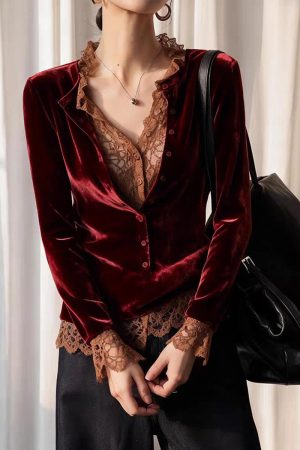 French Mulberry V Neck Lace Patchwork Silk Velour Shirt Spring
