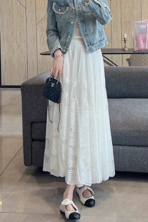 French White Elastic Waist Lace Maxi Skirt Summer