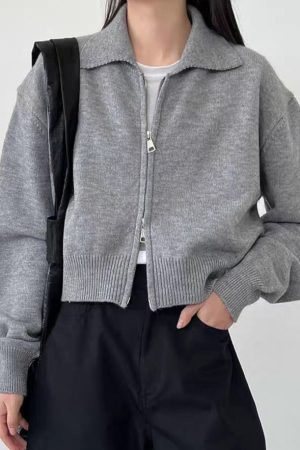 Grey Cotton Knit Cardigan Peter Pan Collar Long Sleeve