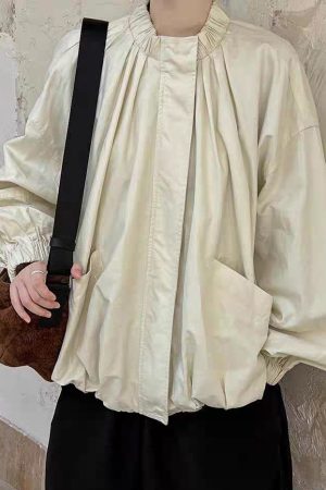 Loose Apricot Stand Collar Pockets Coats Lantern Sleeve