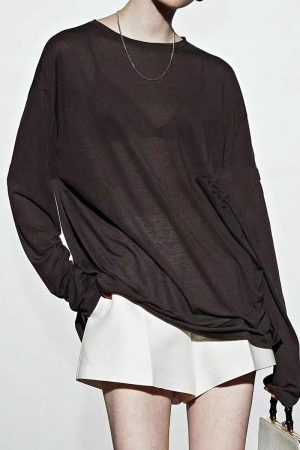 Loose Coffee O-Neck Patchwork Silk T Shirt Spring