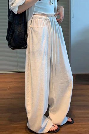 Natural Beige Pockets Solid Wide Leg Pants Summer