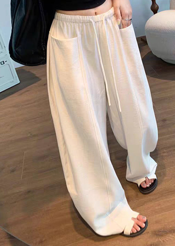 Natural Beige Pockets Solid Wide Leg Pants Summer - Image 5