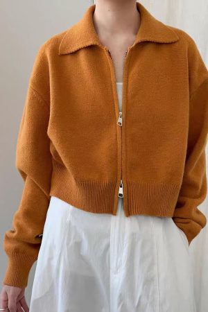 Natural Yellow Zippered Patchwork Solid Cotton Knit Coats Spring