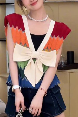 Plus Size Rainbow Striped V Neck Bow Patchwork Knit Top Summer