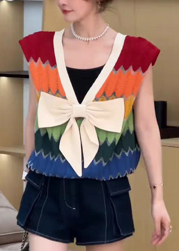 Plus Size Rainbow Striped V Neck Bow Patchwork Knit Top Summer - Image 2