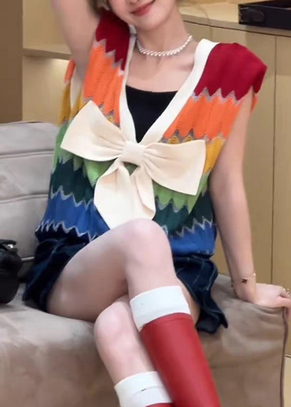 Plus Size Rainbow Striped V Neck Bow Patchwork Knit Top Summer - Image 3