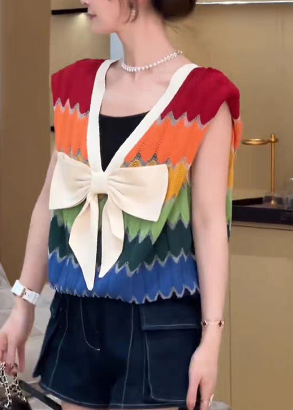 Plus Size Rainbow Striped V Neck Bow Patchwork Knit Top Summer - Image 4