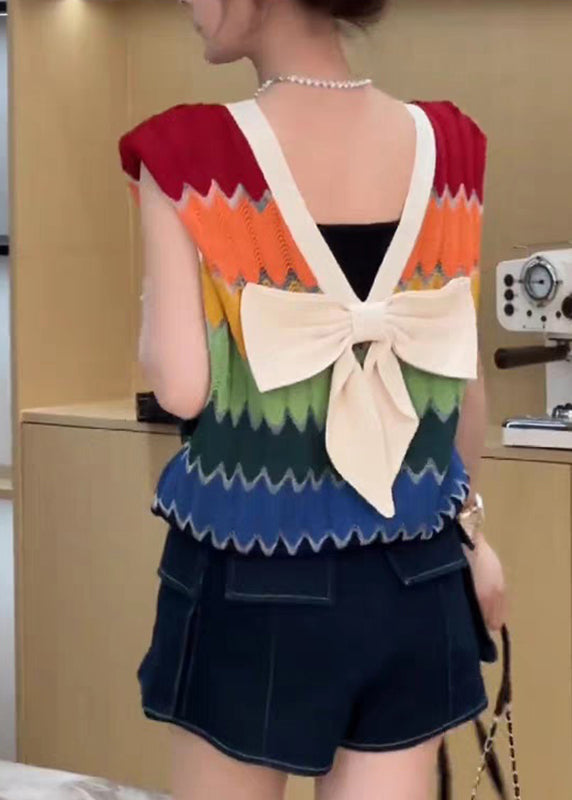 Plus Size Rainbow Striped V Neck Bow Patchwork Knit Top Summer - Image 5