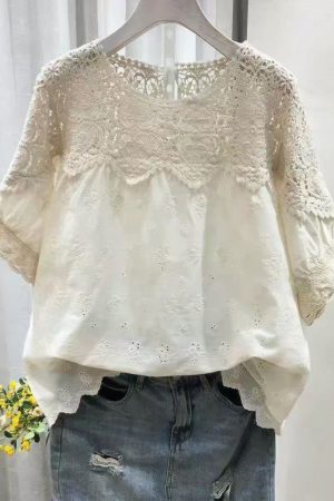 Style Beige O-Neck Hollow Out Tops Summer