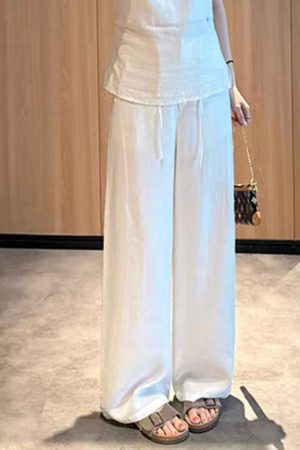 Style White Tie Waist Solid Wide Leg Pants Summer