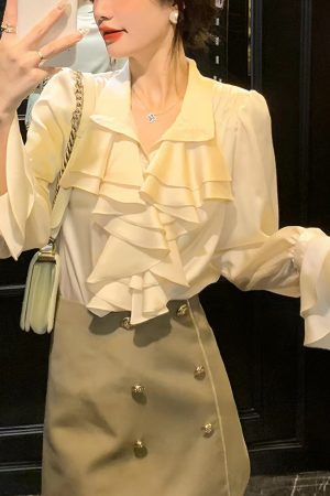 Stylish Apricot Peter Pan Collar Ruffled Chiffon Shirts Spring