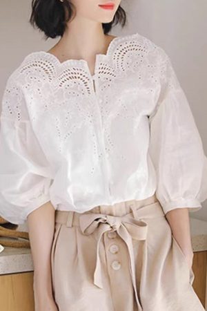 Unique White Hollow Out Shirts Puff Sleeve