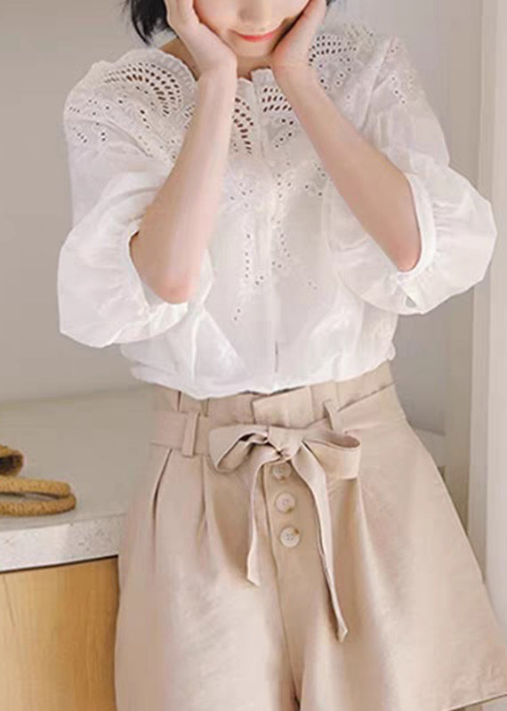 Unique White Hollow Out Shirts Puff Sleeve - Image 2