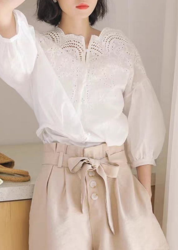 Unique White Hollow Out Shirts Puff Sleeve - Image 3