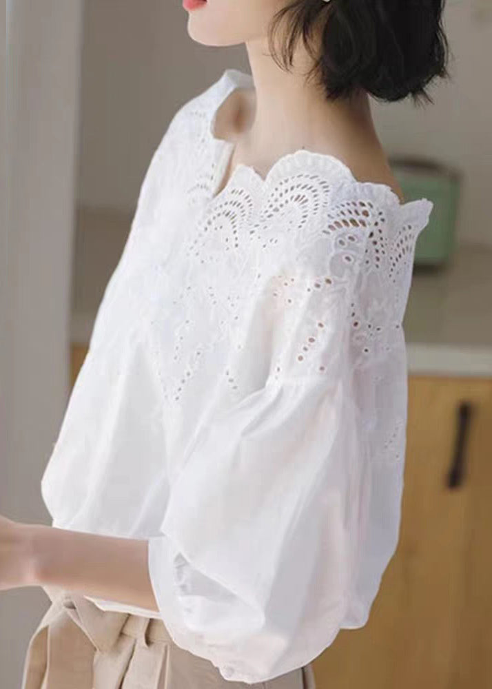 Unique White Hollow Out Shirts Puff Sleeve - Image 5